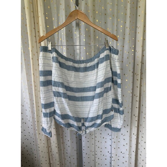 Roxy Women's 100% Cotton Striped Off Shoulder Tie Front Semi Sheer Top L - Picture 3 of 8